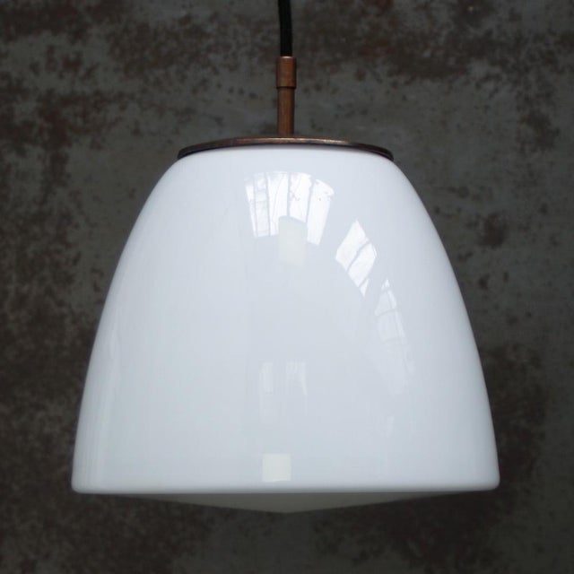Early 20th Century White Opaline and Brass Top Pendant Lights from Philips, Holland For Sale - Image 3 of 7