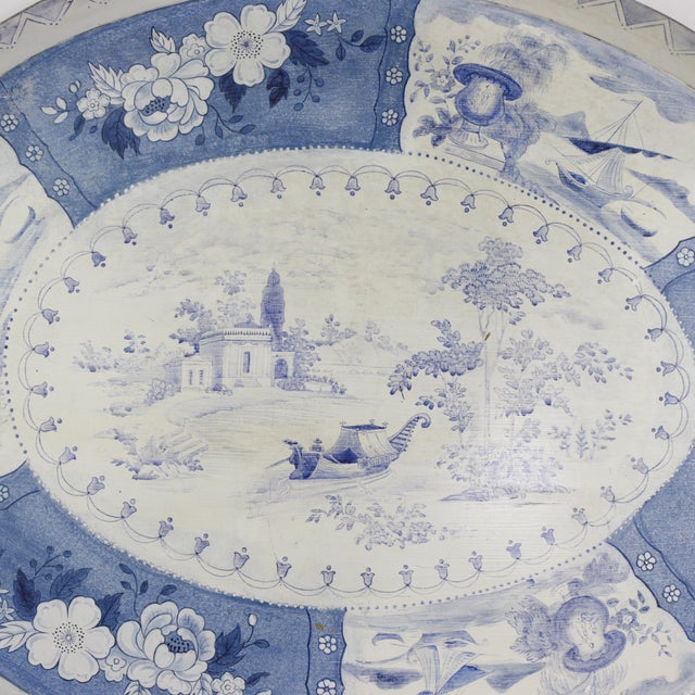 Chinoiserie Vintage Blue and White Tole Tray - Hand Painted Chinoiserie Landscape and Floral Oval Serving Tray For Sale - Image 3 of 16