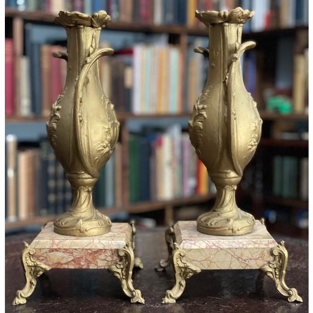 Antique Pair of Art Nouveau 1890s Marble & Gilt Metal Garniture Vases For Sale - Image 4 of 8