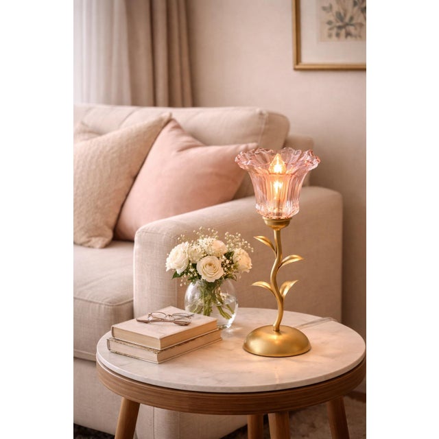 Metal Pink Glass Tulip Accent Table Lamp With Gilded Metal Stem – 17” Tall For Sale - Image 7 of 7