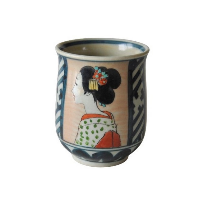 Japanese Japanese Agano Ware Tea Cup Bowl With Bijinga Lady 1940s For Sale - Image 3 of 7
