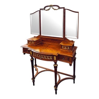 Early 20th Century French Louis XVI Style Triple Mirror Vanity W/ Bronze Mounts. For Sale