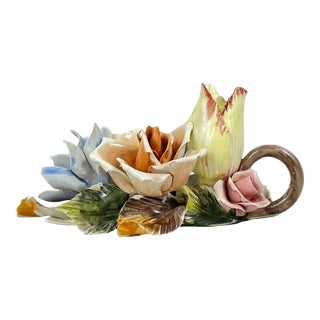 Mid 20th Century Italian Capodimonte Ceramic Flower Candle Holder W/ Finger Loop For Sale