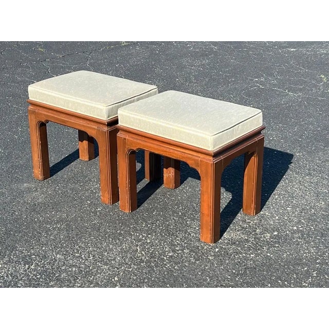 Mid-Century Modern Pair of Solid Cherry Upholstered Ottomans or Stools For Sale - Image 3 of 6