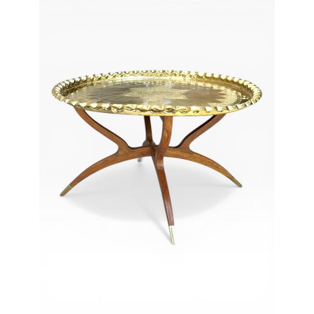 Mid 20th Century Moroccan Hammered Brass & Teak "Spider Leg" Tray Table For Sale - Image 6 of 17