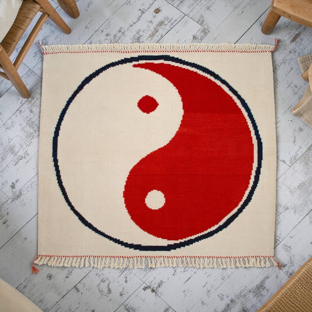 Modern Turkish Kilim, Unique Yin Yang Design Rug, Zen Home Decor - 3'9" X 3'3" For Sale - Image 4 of 15