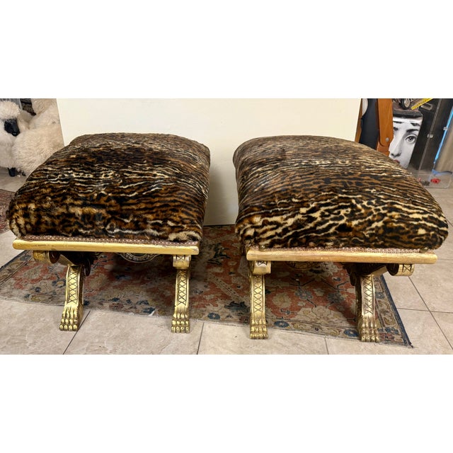 Wood 1990s Pair of Neoclassical-Style Faux Leopard Covered Gilt-Wood Benches, 2 Pieces For Sale - Image 7 of 11