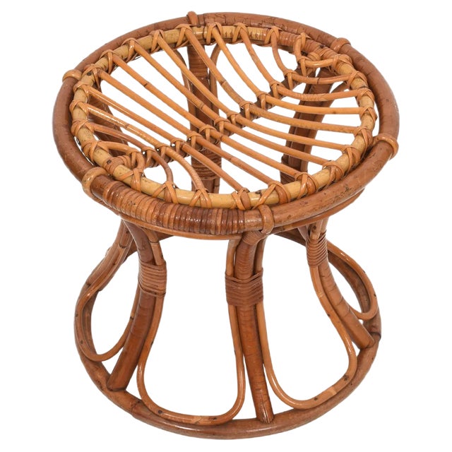 Mid-Century Italian Modern Rattan & Bamboo Round Stool, 1960s For Sale