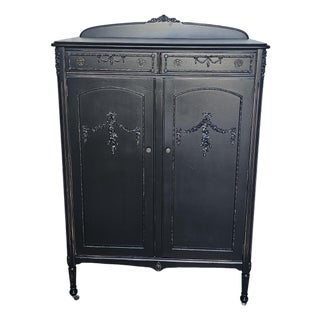 Black Wardrobe, Armoire Cabinet, Vintage Boho Style 1930's For Sale