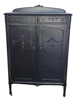 Black Wardrobe, Armoire Cabinet, Vintage Boho Style 1930's