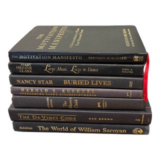 Massive Vintage Onyx Black Hardcover Book Stack - Set of 7 - Gold Font Palette - Dark Academia Executive Library Decor For Sale