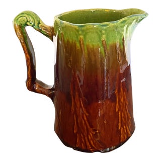 Antique Green and Brown Glazed Pottery Pitcher For Sale
