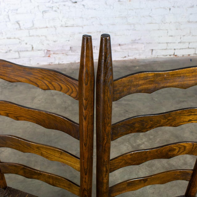 Late 19th to Early 20th Century Pair of French Country Style Oak Ladderback Chairs Twisted Papercord Seats For Sale - Image 14 of 18