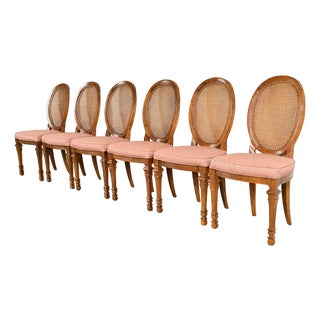 Drexel French Regency Louis XVI Carved Walnut Cane Back Dining Chairs | Set of Six For Sale
