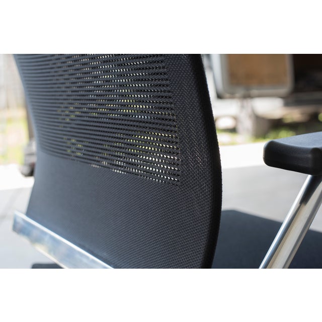 Technical Chromed Steel Desk Armchairs with Black Upholstery, 1980s, Set of 8 For Sale - Image 12 of 17