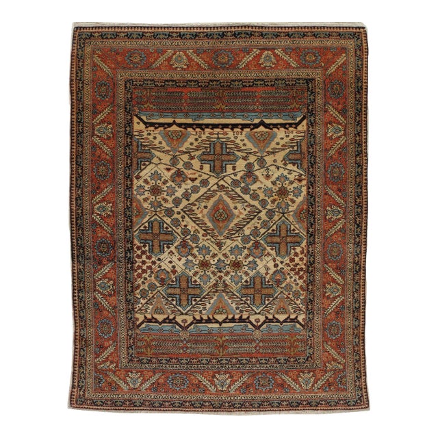 Antique Persian Bakhshaish Carpet, Handmade Wool Rug, Ivory and Rust For Sale