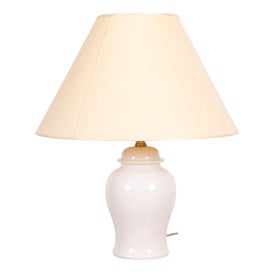 Vintage White Ceramic Table Lamp with Ivory Fabric Lampshade For Sale