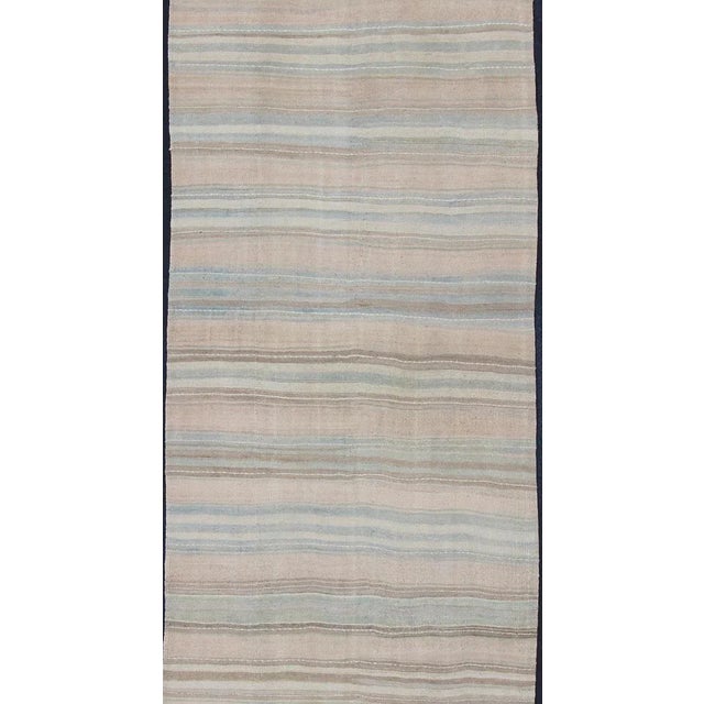 Contemporary Striped Hand Woven Flat-Weave Vintage Turkish Kilim Wide Runner With Light Colors For Sale - Image 3 of 12