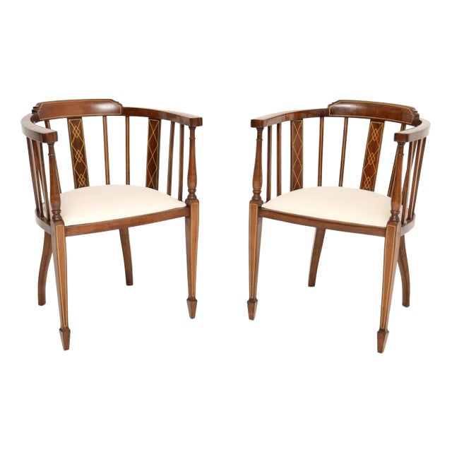 Antique Edwardian Inlaid Walnut Armchairs, 1900, Set of 2 For Sale