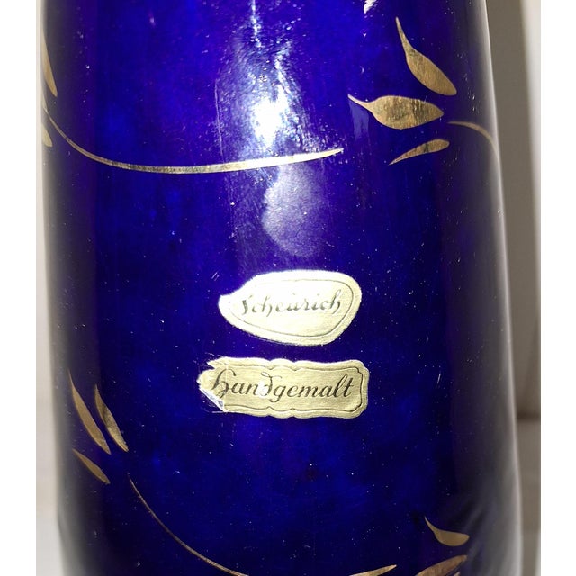 Mid-Century German Dark Blue Glazed Ceramic Vase with Hand-Painted Gilt Decoration from Scheurich, 1950s For Sale - Image 4 of 6