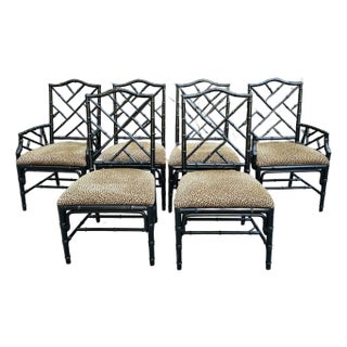 Faux Bamboo Chinese Chippendale Style Dining Chairs – Set of 6 Including 2 Armchairs, 4 Side Chairs, Leopard Upholstery For Sale