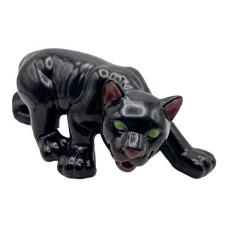 Hollywood Regency Style High-Gloss Ceramic Black Panther Sculpture - 1950s For Sale