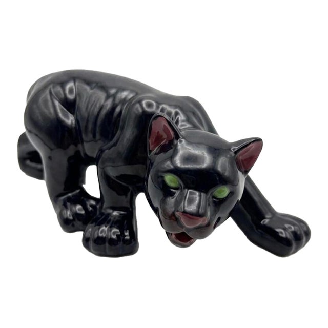 Hollywood Regency Style High-Gloss Ceramic Black Panther Sculpture - 1950s For Sale