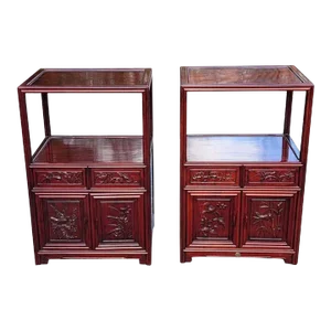 Pair of Chinese Tiered Teak Carved Side Tables Cabinets