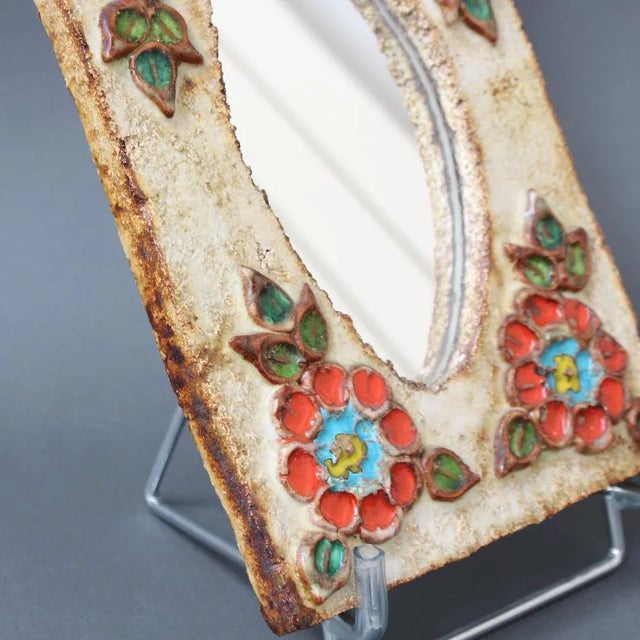 Vintage French Ceramic Wall Mirror with Flower Motif by La Roue, 1960s For Sale - Image 6 of 13