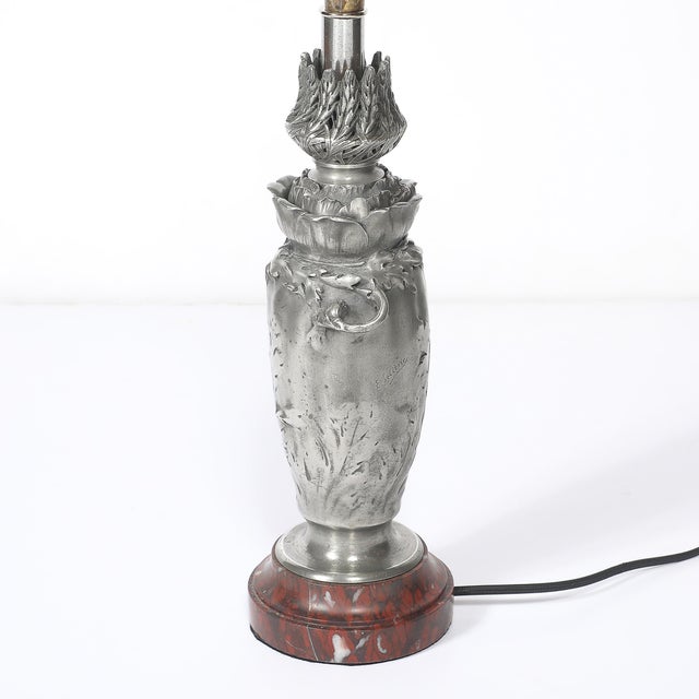 Art Nouveau Rosso Levanto Marble Base & Pewter Table Lamp Signed E. Lelièvre For Sale - Image 9 of 16