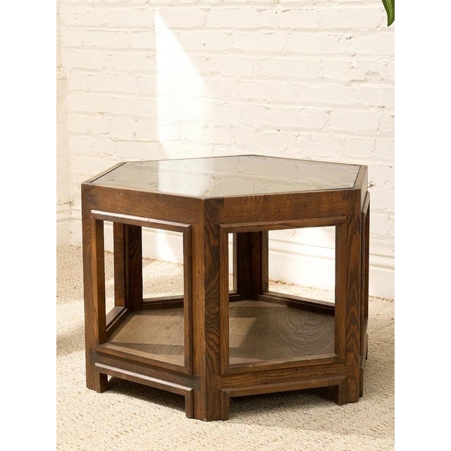 Vintage Hexagonal Wood Side Table With Glass Top For Sale In Los Angeles - Image 6 of 9