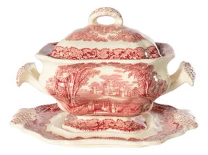 Mason's Patent Ironstone Red/Pink Vista Sauce Tureen W/Underplate