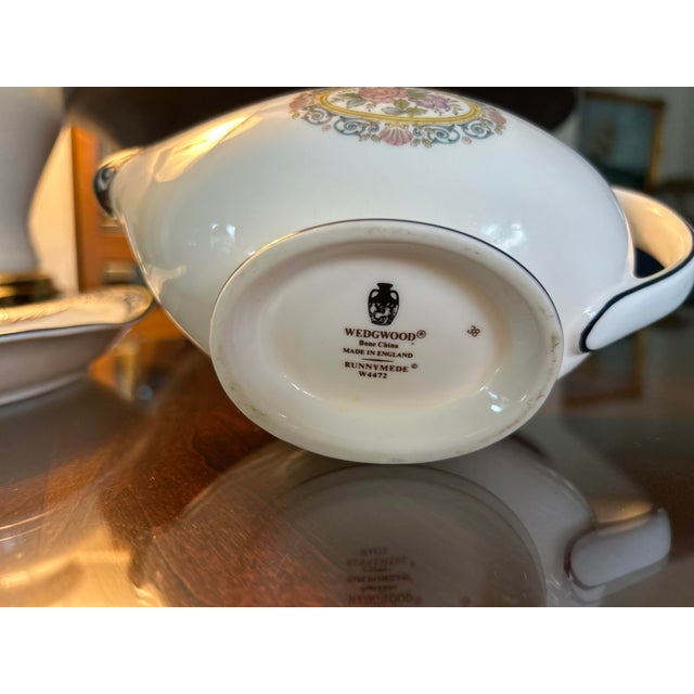 Mid 20th Century Mid 20th Century Wedgwood Bone China, England, Runnymede, Dark Blue Gray Boat & Underplate For Sale - Image 5 of 5