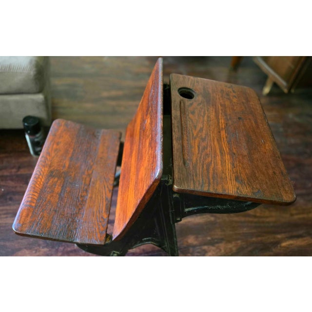 Wood Antique Cast Iron & Wood School Desk With Attached Chair + Inkwell For Sale - Image 7 of 10