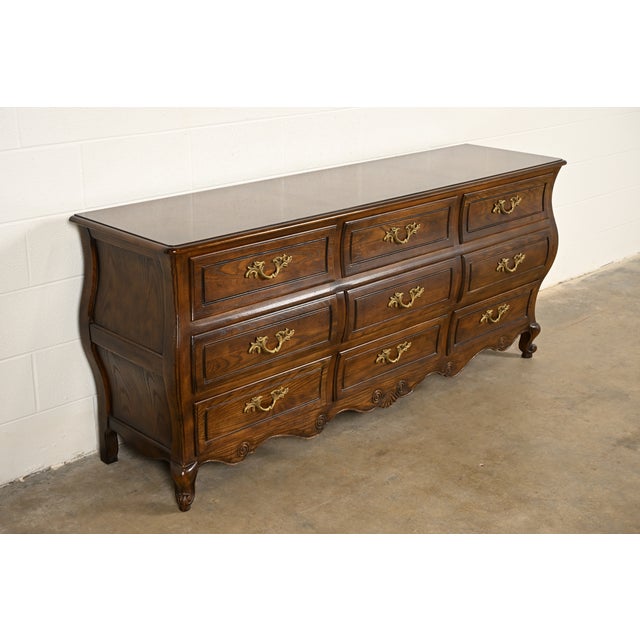 Baker Furniture Company Baker Furniture French Provincial Louis XV Carved Oak and Burl Wood Triple Dresser or Credenza For Sale - Image 4 of 16