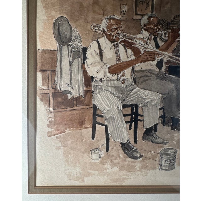 Mid-Century Original Watercolor Jazz Musicians, signed Monochromatic watercolor of a pair of jazz or blues musicians...