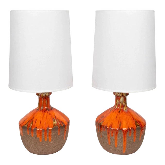 Vintage Mid Century Modern 1960s Lava Drip Glazed Ceramic Set of Table Lamps Pair For Sale