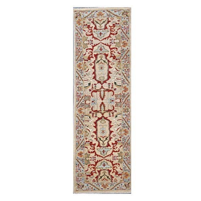 21st Century Afghan Sultanabad 3x10 Tan, Red & Light Blue Handmade Runner Rug #1144042 For Sale - Image 4 of 7