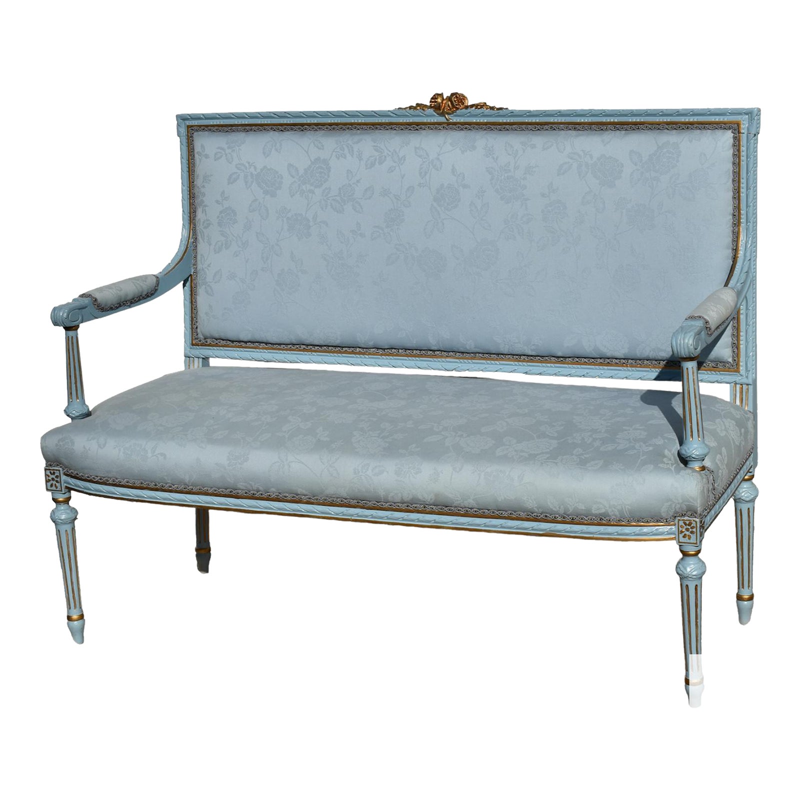 Vintage Hollywood Regency Style Carved Wood Settee in a Light Blue