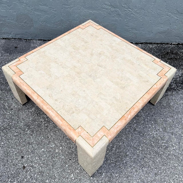 Beige Postmodern Beige and Pink Tessellated Stone Square Coffee Table With Brass Inlay For Sale - Image 8 of 8