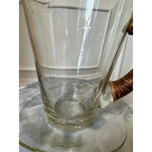 Transparent Vintage Carl Aubock Style Pitcher With Rattan Wrapped Handle and Attached Underplate For Sale - Image 8 of 12