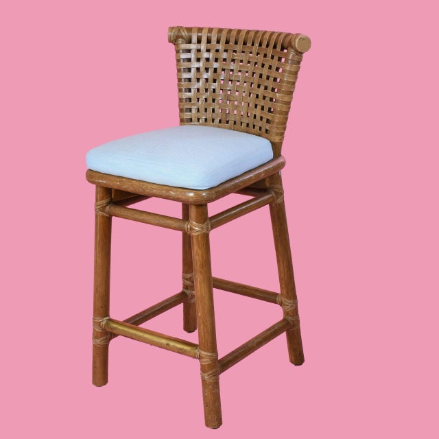 Pair of Vintage Leather Strap McGuire Counter Stools For Sale - Image 4 of 4