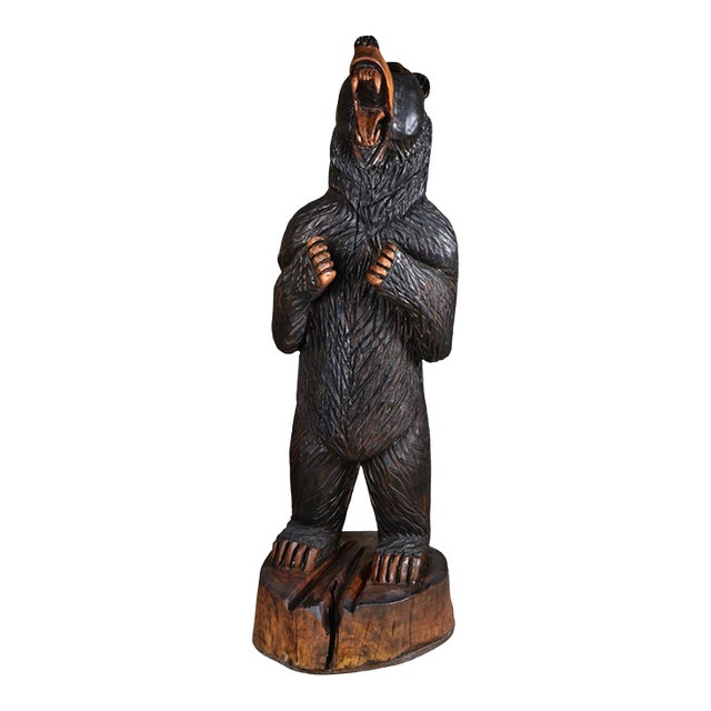 Life Size 6 Foot Handcrafted Wood Carved Black Bear Sculpture For Sale