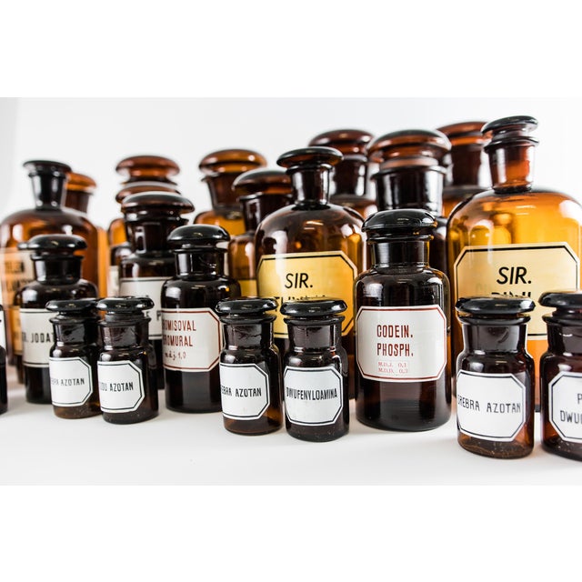 Glass Vintage Amber Pharmacy Bottles, 1950, Set of 32 For Sale - Image 7 of 12