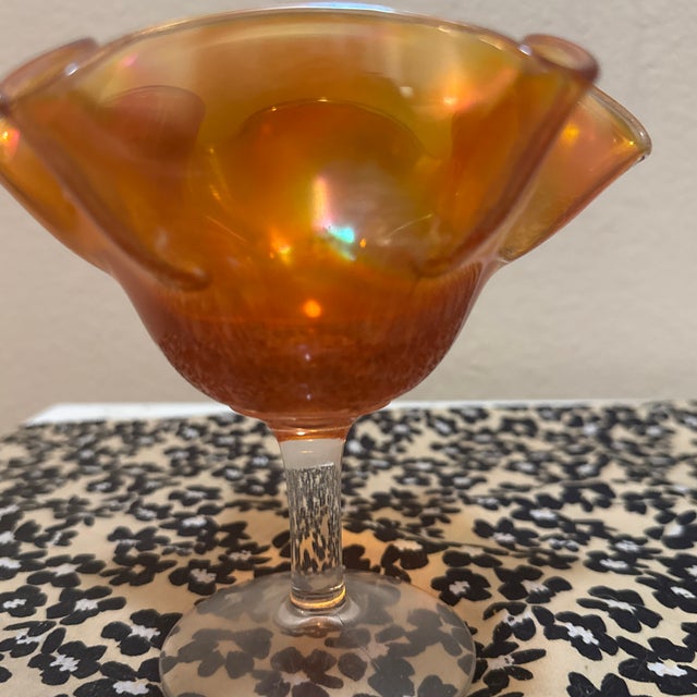 Fenton Art Glass Company Vintage Fenton Style Marigold Carnival Glass Ruffled Compote For Sale - Image 4 of 4