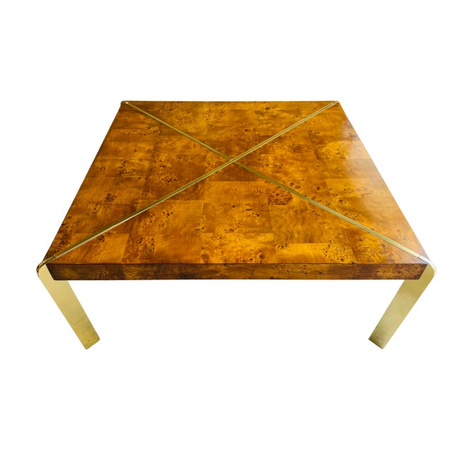 Vintage 1970s Burl Wood & Brass Coffee Table | Hollywood Regency Milo Baughman Style | Parquet Burl Cocktail Table For Sale - Image 15 of 16