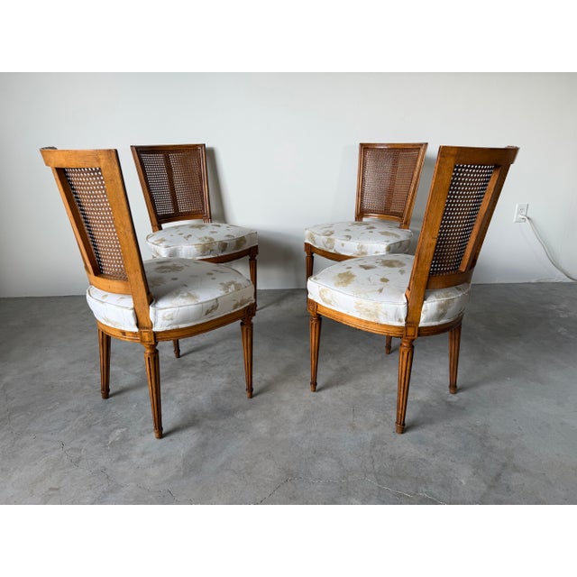 Vintage French Louis XVI Style Cane Back Dining Chairs – Set of 4 For Sale - Image 4 of 12