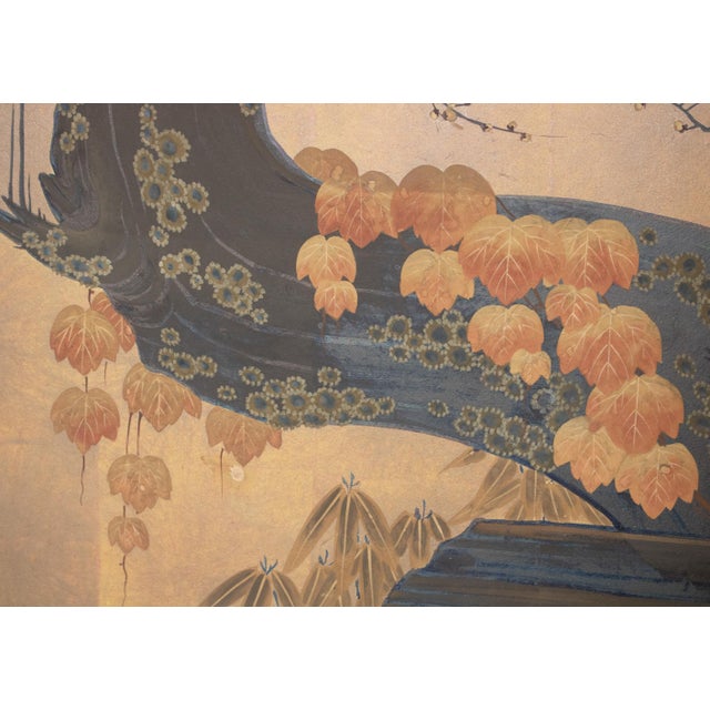 Bronze "Pheasant and Sakura", Pre-1964 Showa Era Japanese Painted Byobu Screen For Sale - Image 8 of 18