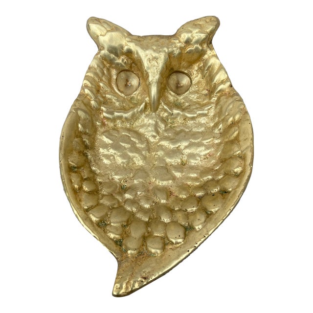 Vintage Polished Solid Brass Owl Dish For Sale