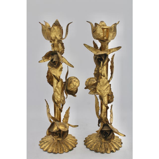 Vintage Italian Gold Gilded Tole Candlesticks For Sale In Tulsa - Image 6 of 11
